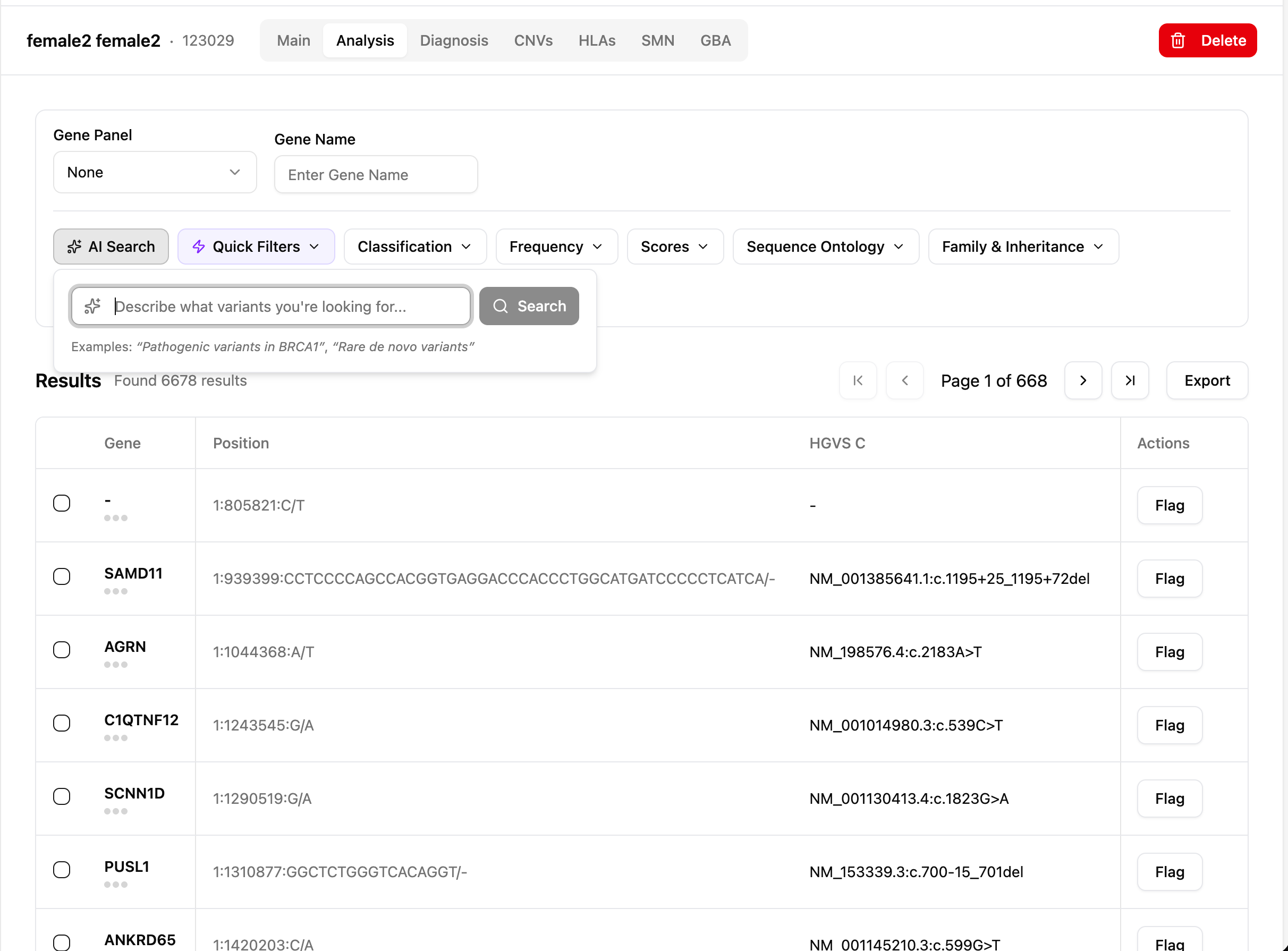 Variant analysis interface with advanced filtering, gene panels, and ACMG classifications
